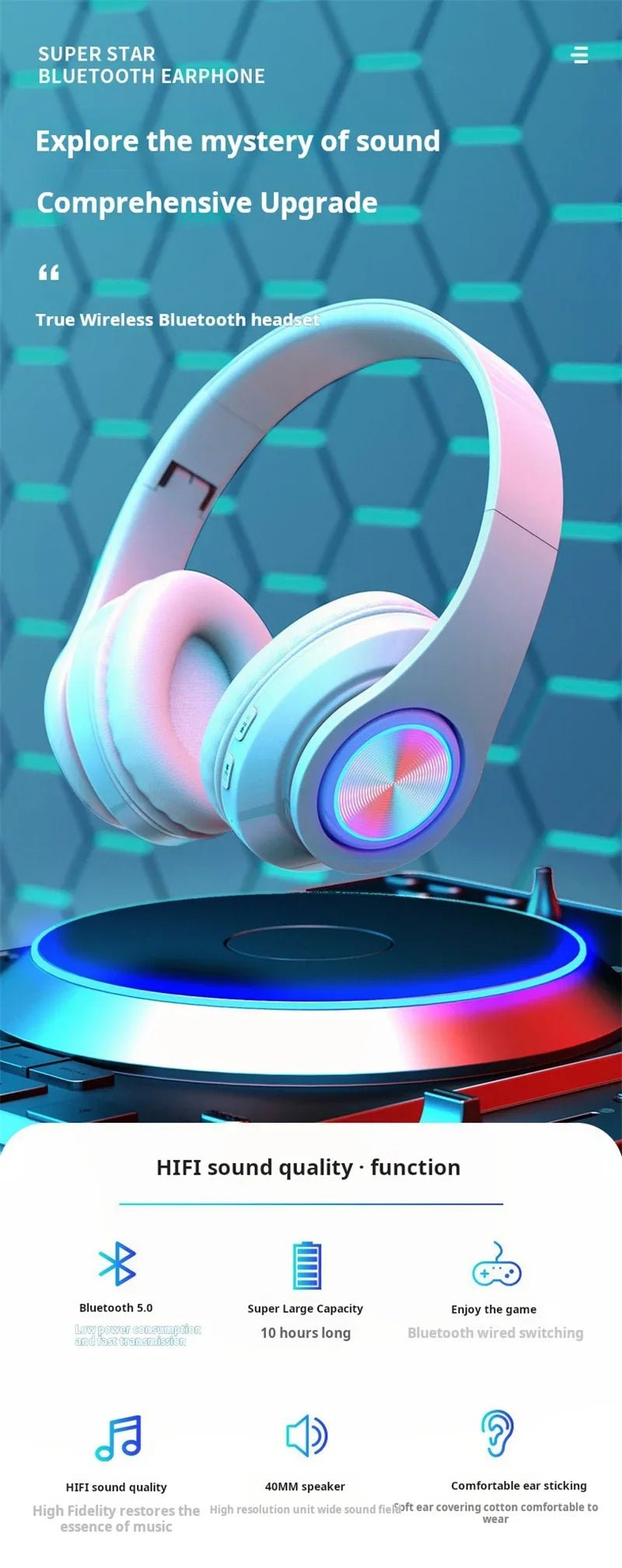 Headsets Gamer Headphones Blutooth Surround Sound Stereo Wireless Earphone USB With MicroPhone Colourful Light PC Laptop Headset - FushionX Techflex