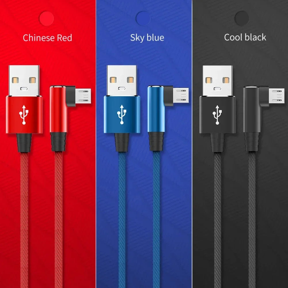 USB Micro Cable 3A 90 Degree Elbow Data Cable Charger Cord for Samsung Xiaomi