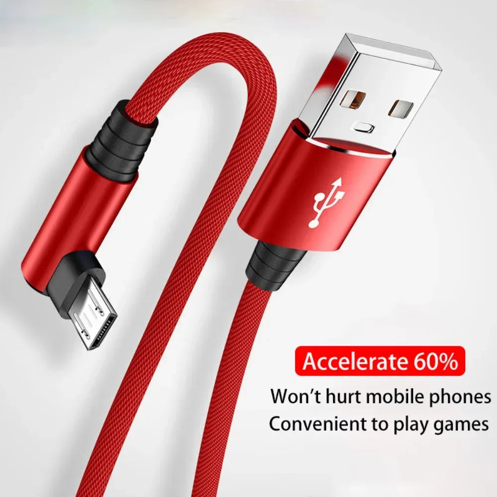 USB Micro Cable 3A 90 Degree Elbow Data Cable Charger Cord for Samsung Xiaomi