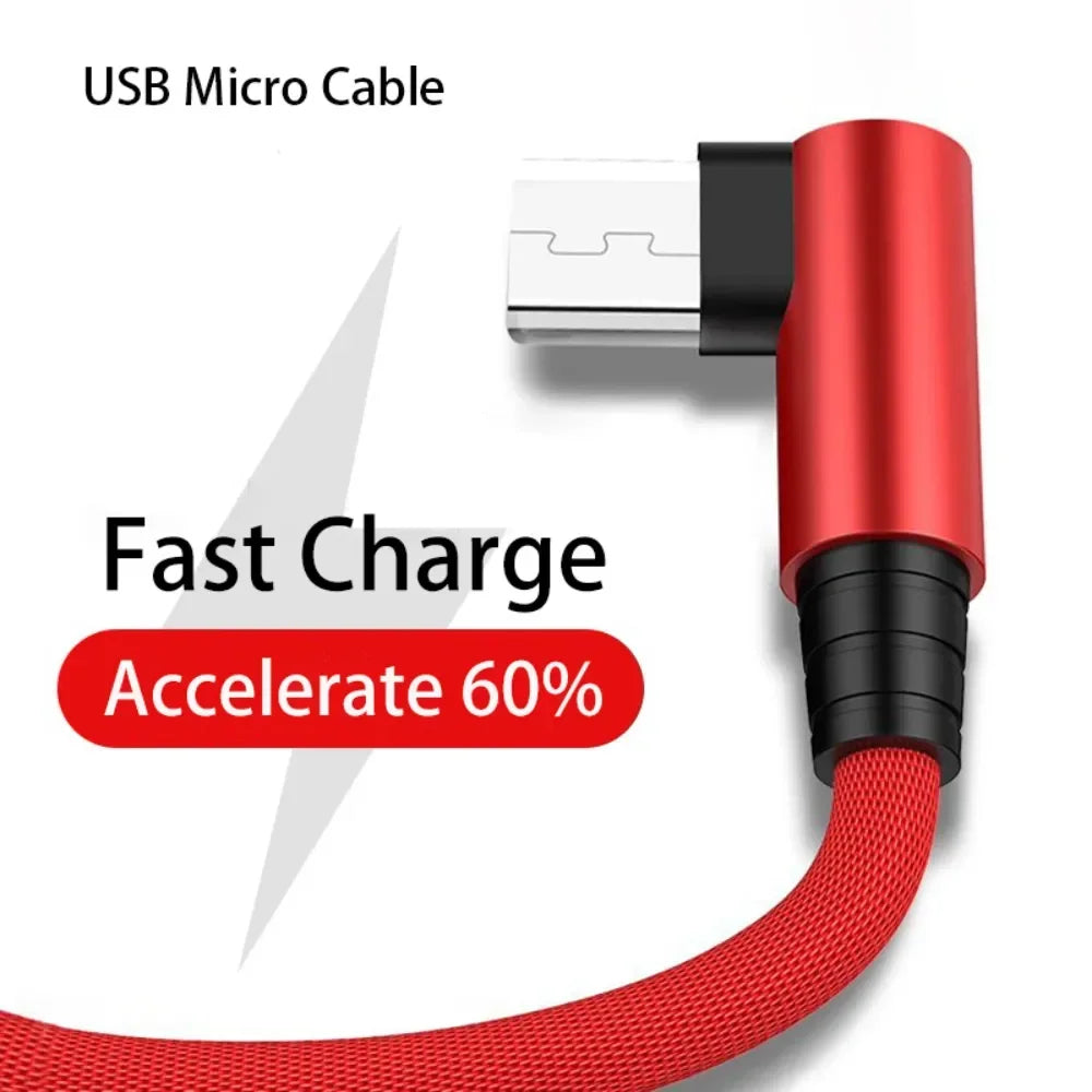 USB Micro Cable 3A 90 Degree Elbow Data Cable Charger Cord for Samsung Xiaomi